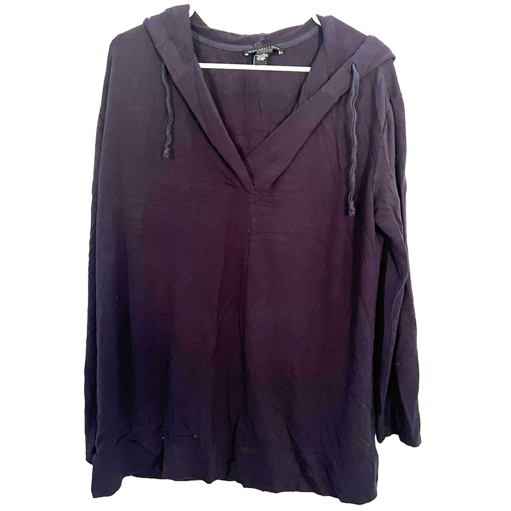 Joan Vass Hoodie Women L Pullover Lightweight Drawstring Tunic Top Vneck Stretch